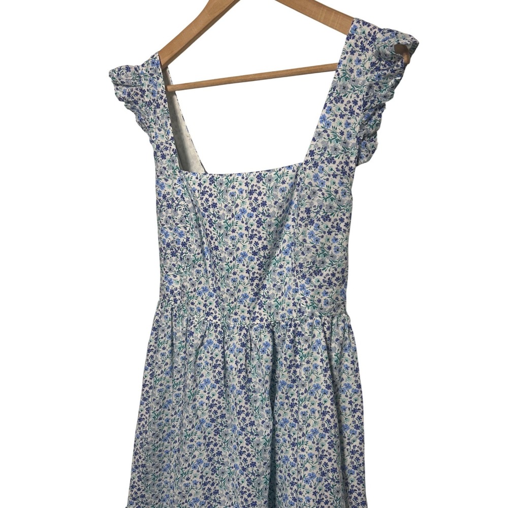 J.Crew Square Neck Tiered Floral Back Bow Detail Dress Blue Floral Size 12P EUC‎